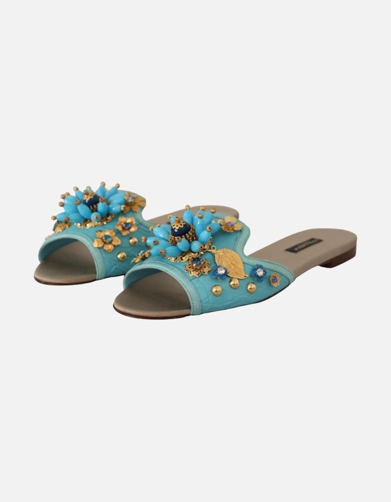 Blue Crystal Exotic Leather Blue Crystal Sandals Women Flats