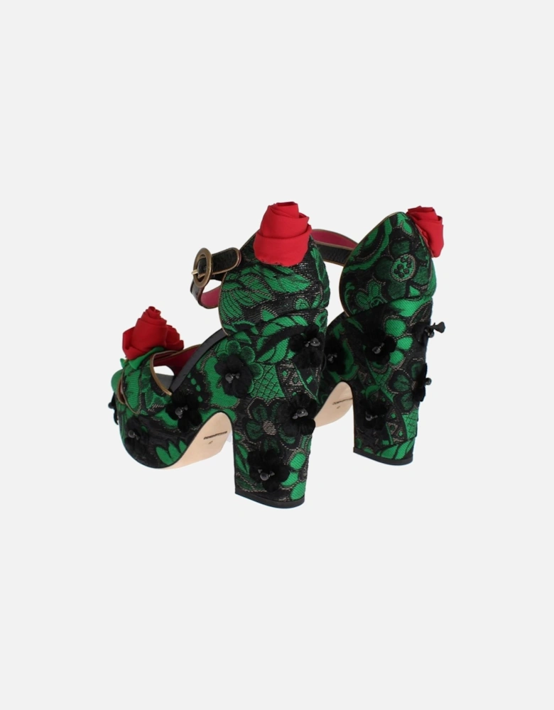 Green Brocade Snakeskin Roses Crystal Shoes Women Sandals