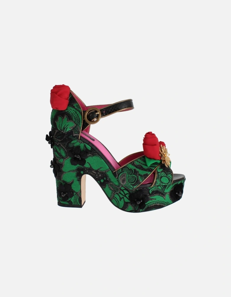 Green Brocade Snakeskin Roses Crystal Shoes Women Sandals