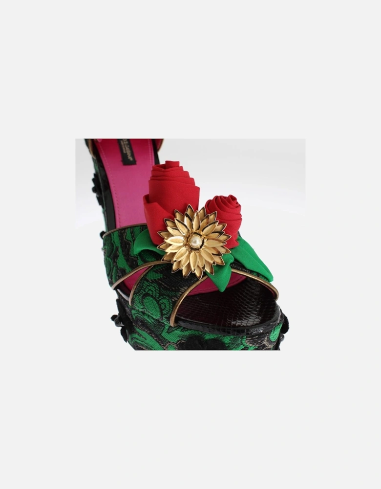 Green Brocade Snakeskin Roses Crystal Shoes Women Sandals