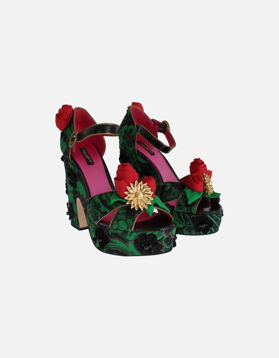 Green Brocade Snakeskin Roses Crystal Shoes Women Sandals