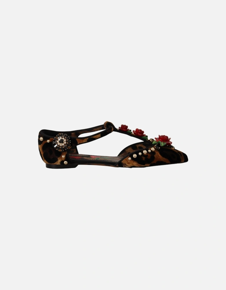 Leopard Velvet Ballerinas Rose Detail Women - Brown Flats