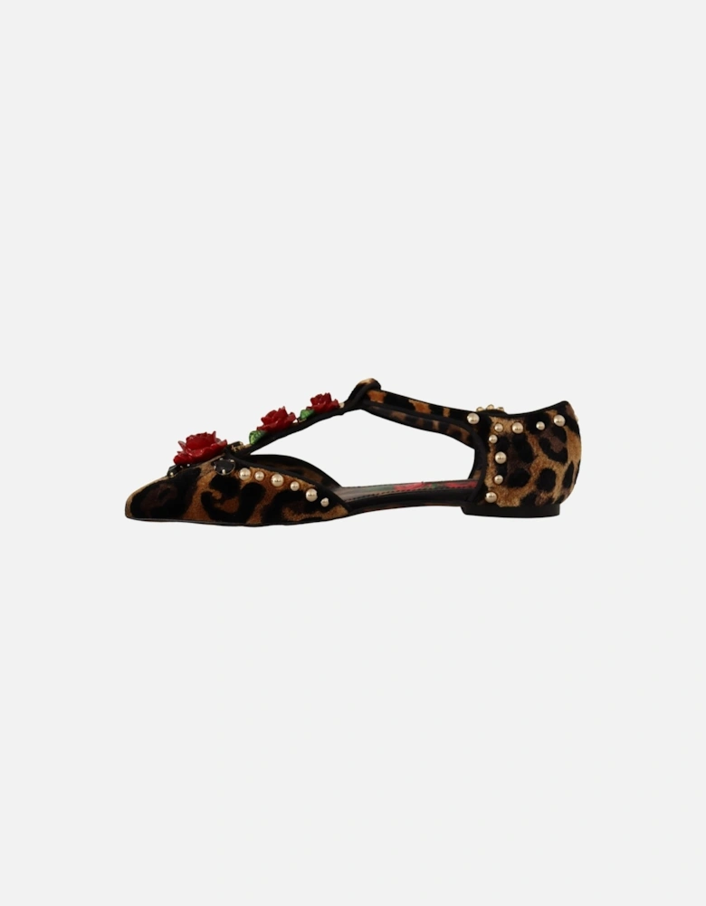 Leopard Velvet Ballerinas Rose Detail Women - Brown Flats