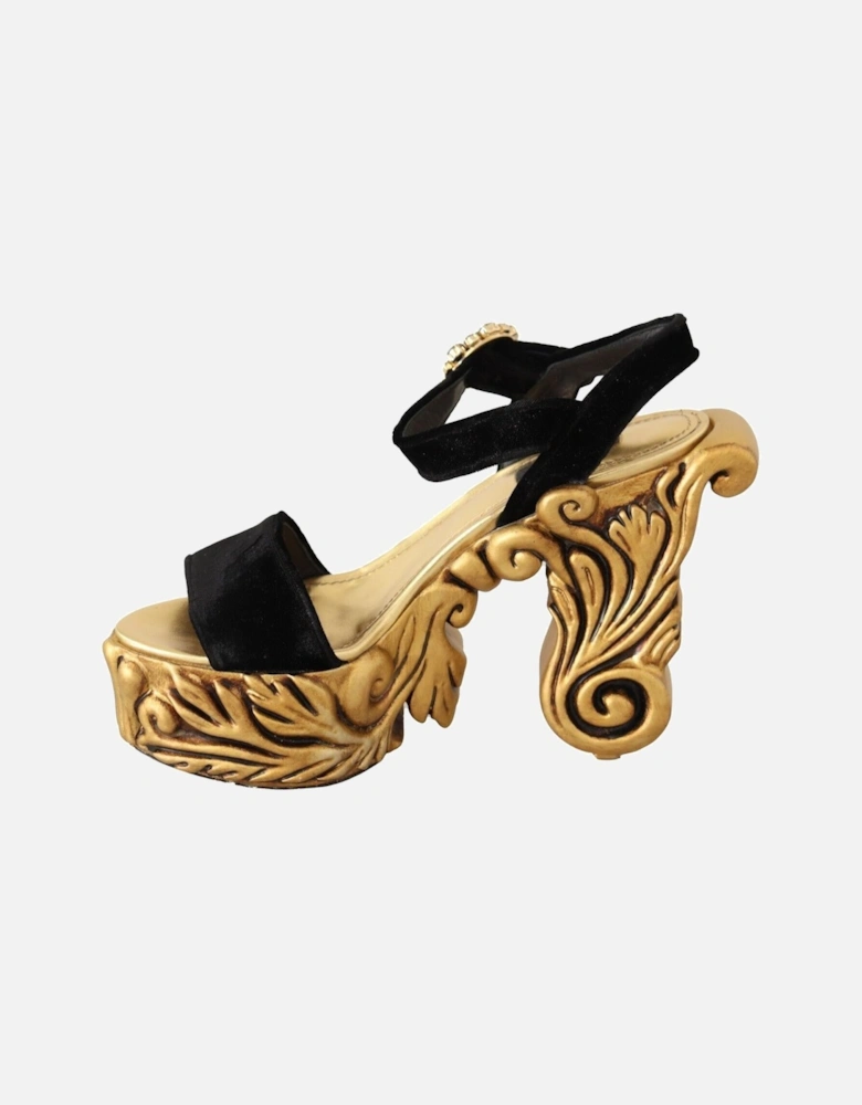 Velvet Platform Sandals Baroquecarved Heel Women - Black