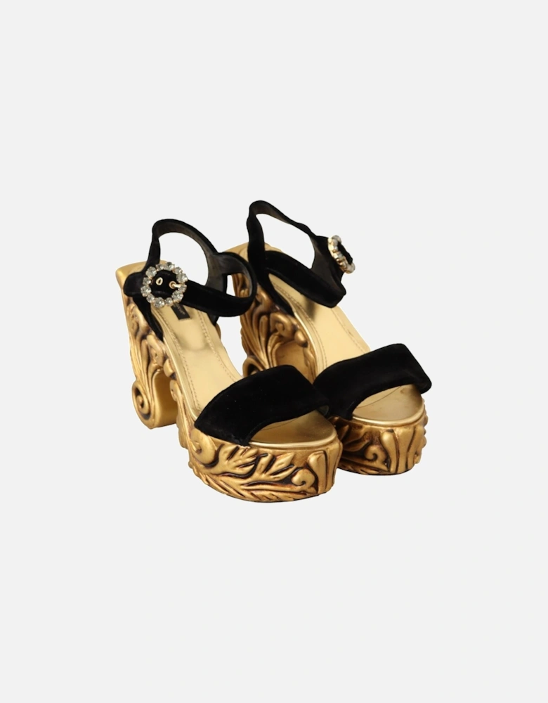 Velvet Platform Sandals Baroquecarved Heel Women - Black