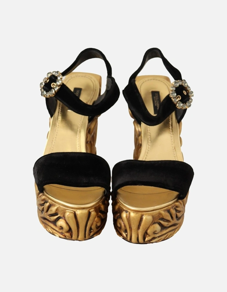 Velvet Platform Sandals Baroquecarved Heel Women - Black