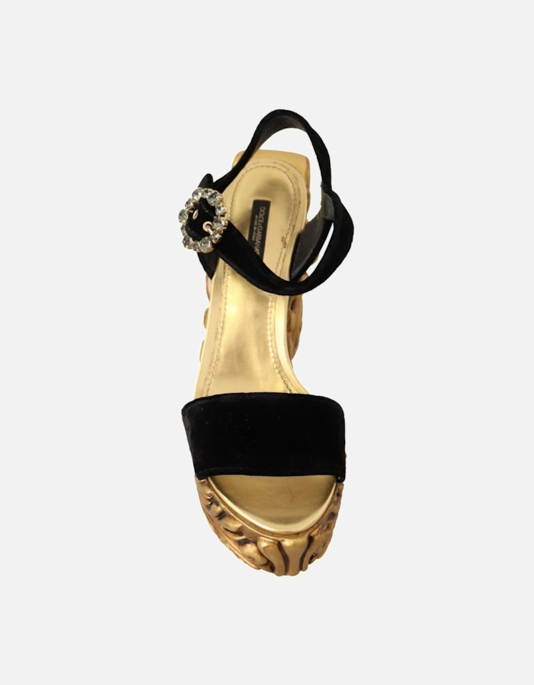 Velvet Platform Sandals Baroquecarved Heel Women - Black