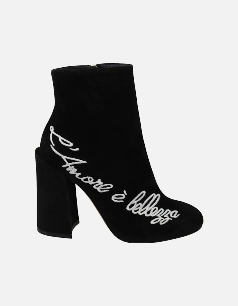 Ankle High Lambskin Suede Boots with Embroidery Women - Black