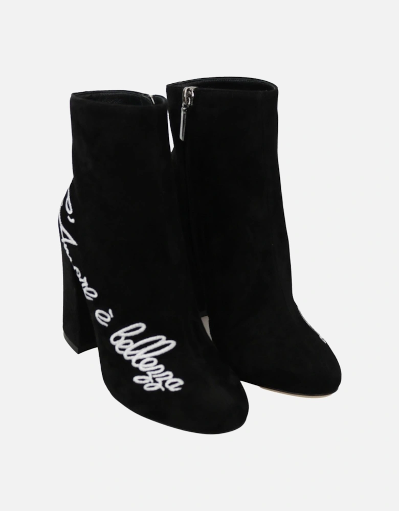 Ankle High Lambskin Suede Boots with Embroidery Women - Black