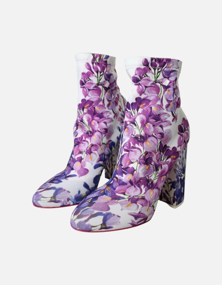 Floral Fabric Ankle Boots with Leather Sole Women - White
