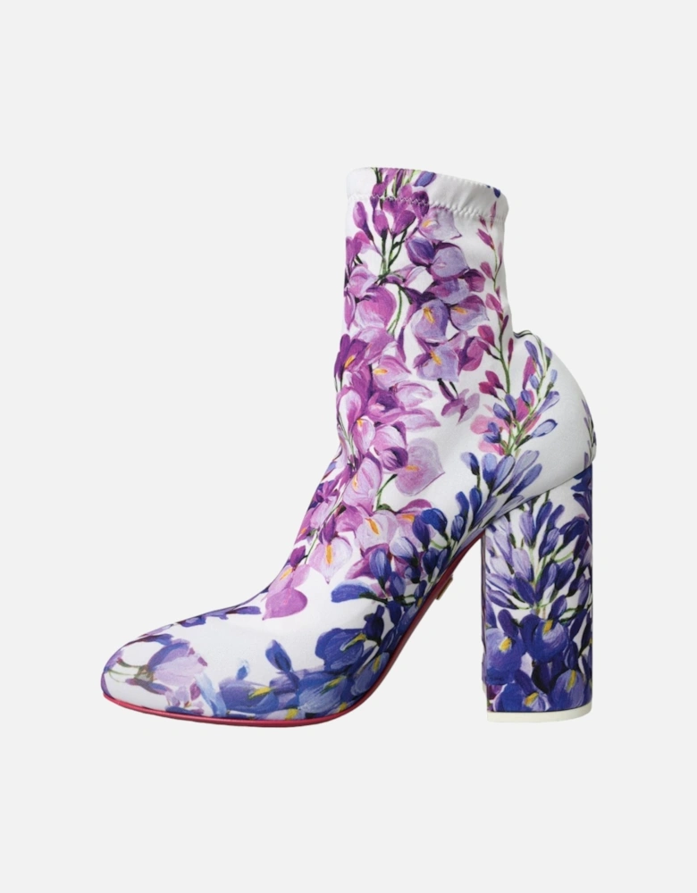 Floral Fabric Ankle Boots with Leather Sole Women - White