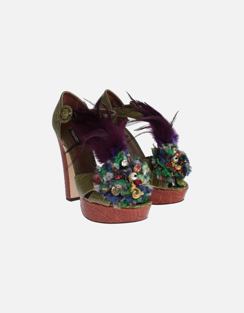 Green Leather Crystal Platform Sandal Shoes Women