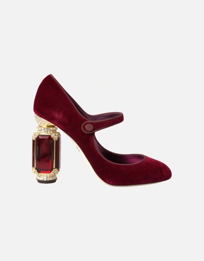 Bordeaux and Gold Velvet Mary Jane Pumps. Women - Burgundy