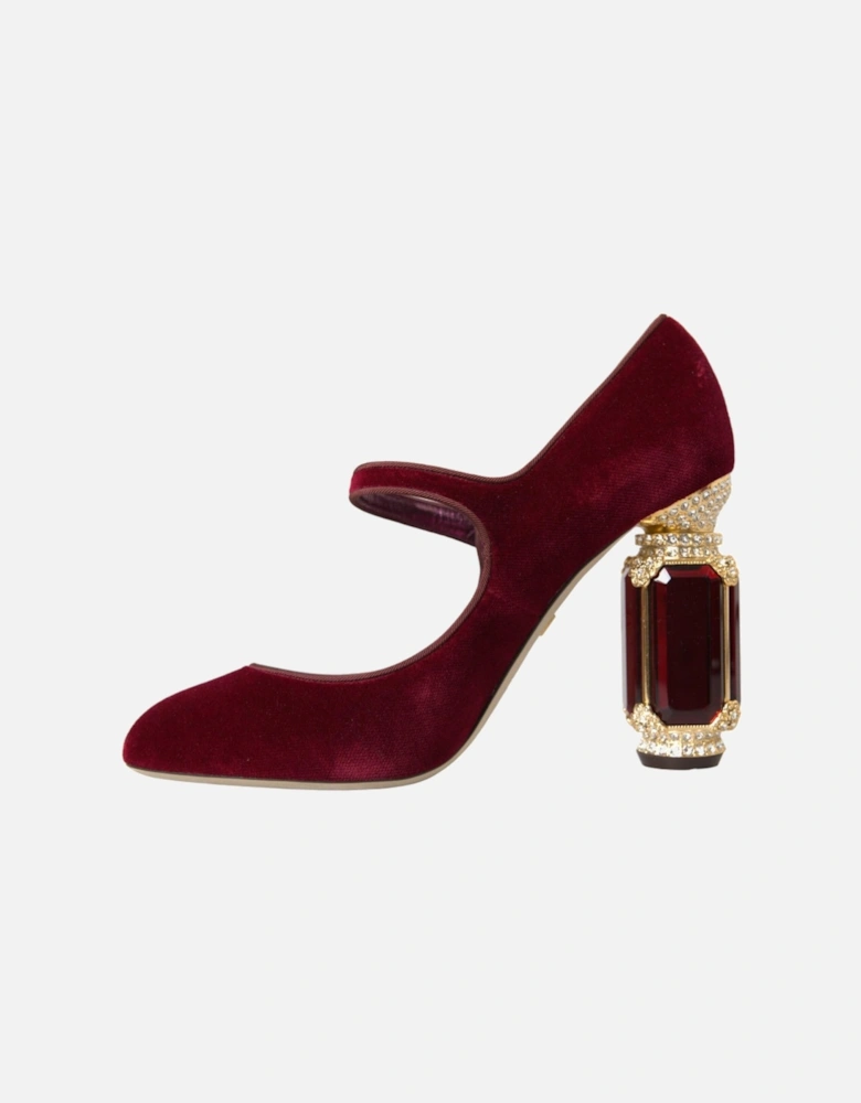 Bordeaux and Gold Velvet Mary Jane Pumps. Women - Burgundy