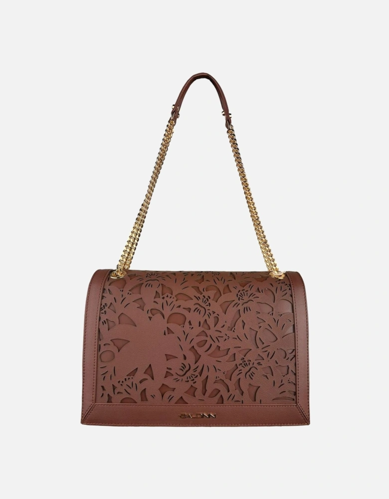 Floral Laser-Cut Calfskin Shoulder Bag with Chain Strap Women - Brown