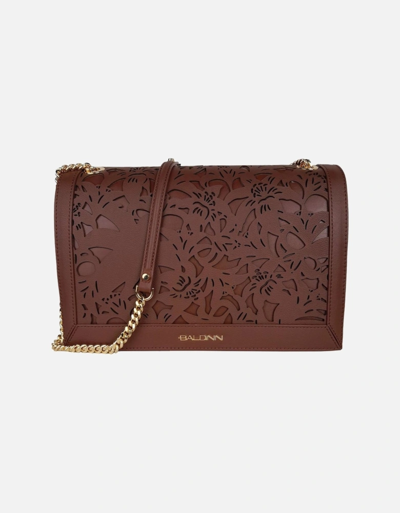 Floral Laser-Cut Calfskin Shoulder Bag with Chain Strap Women - Brown