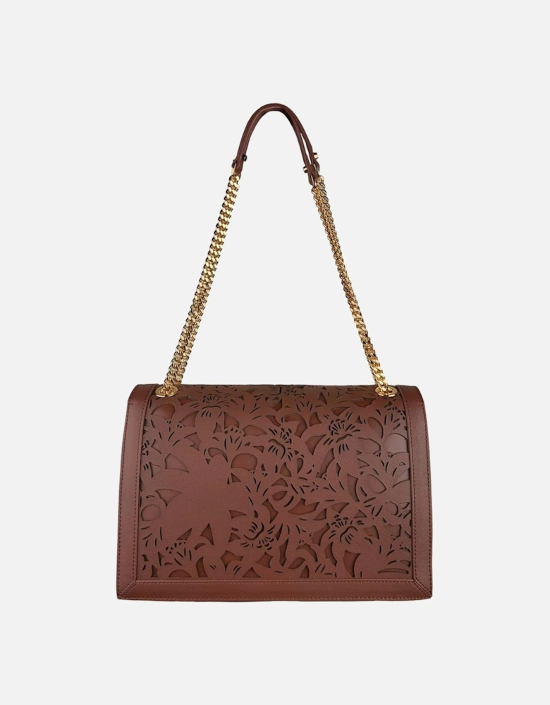 Floral Laser-Cut Calfskin Shoulder Bag with Chain Strap Women - Brown