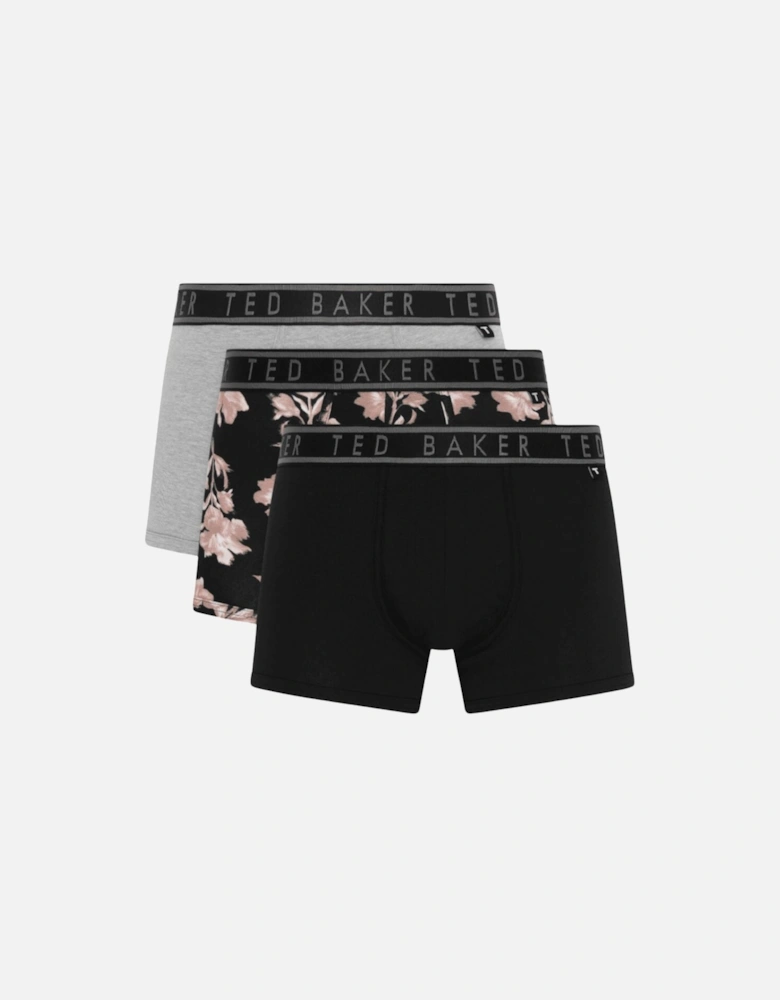 3-Pack Floral Print Boxer Trunks, Black/grey