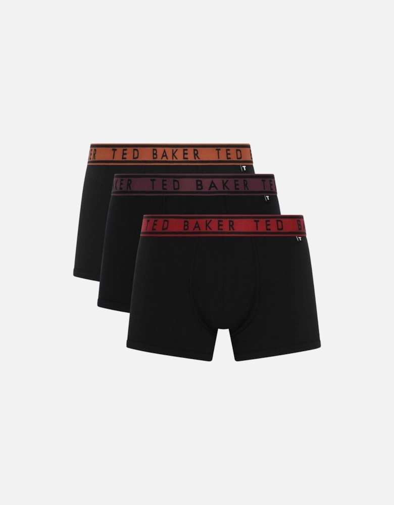 3-Pack Contrast Waistband Boxer Trunks, Black w/ burgundy/red/gingerbread