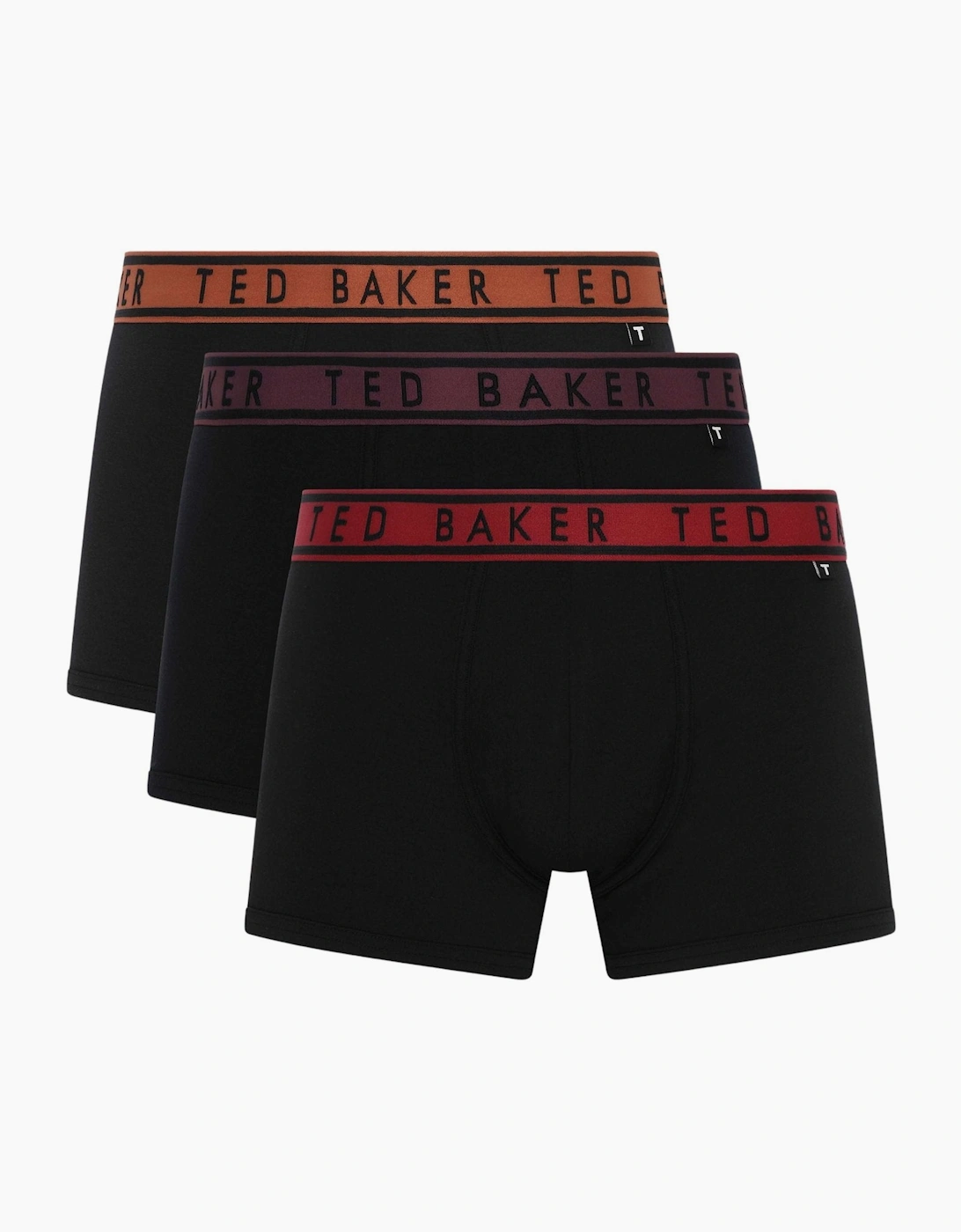 Ted Baker Men's Black 3-Pack Contrast Waistband Boxer Trunks, W/ Burgundy/Red/Gingerbread - Size: 35/34/32