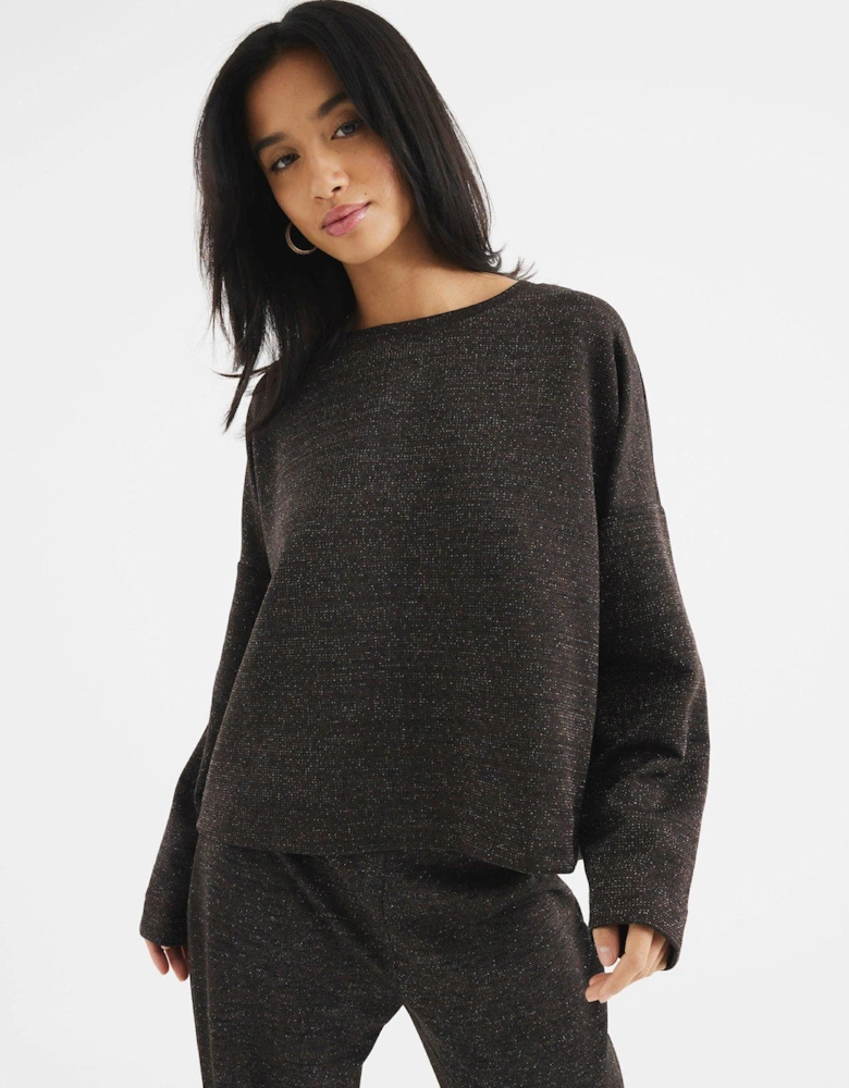 Lurex Crochet Long Sleeve T-Shirt - Dark Brown