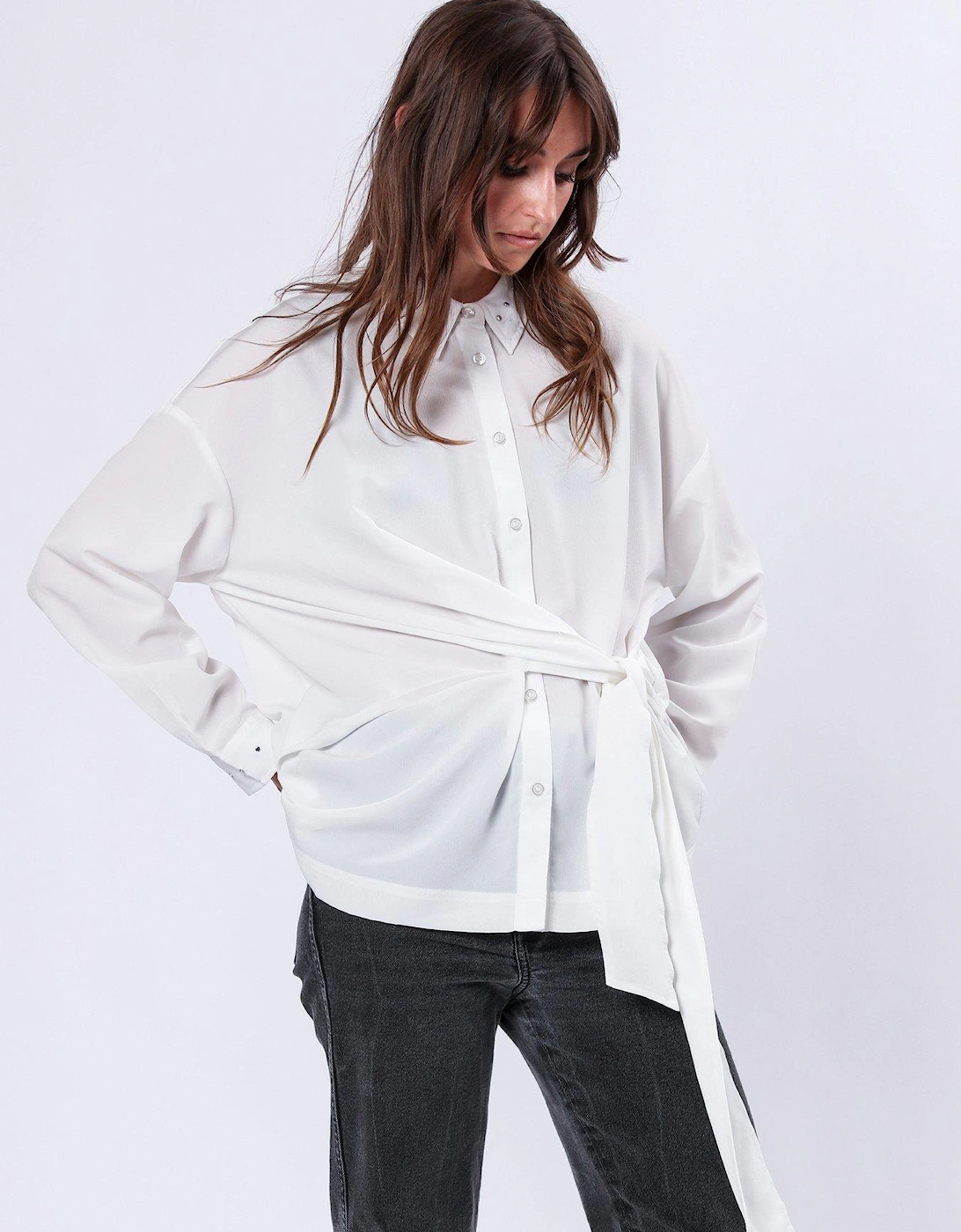 Tie Front Prodigy Shirt with Stud Detail - White