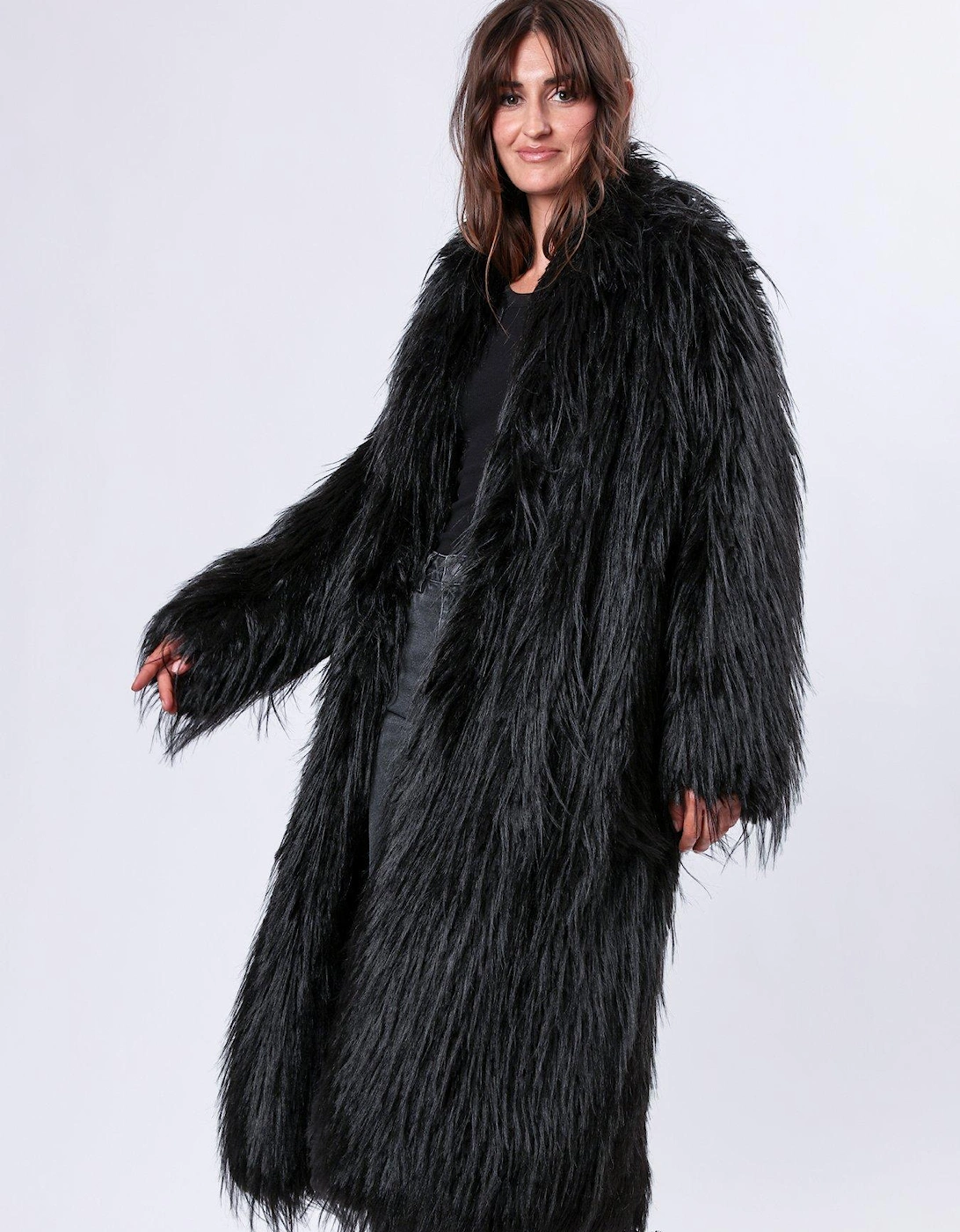 Long Hair Faux Fur Coat - Black