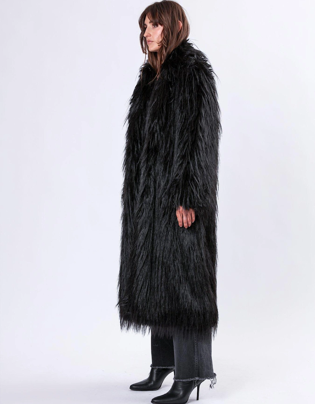 Long Hair Faux Fur Coat - Black