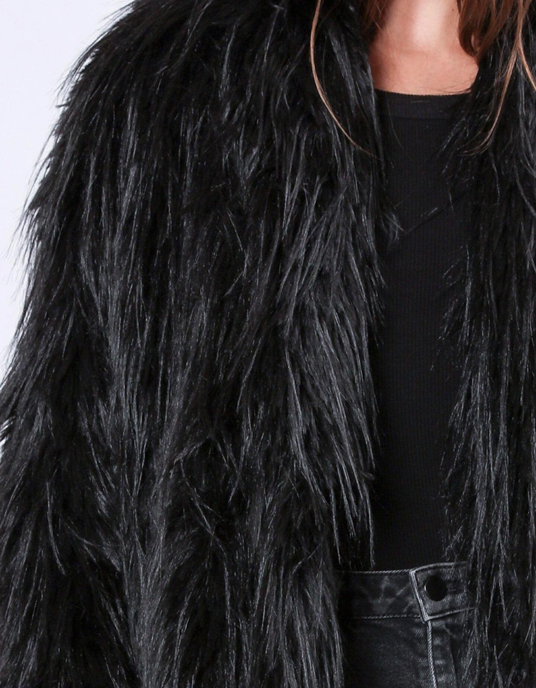 Long Hair Faux Fur Coat - Black