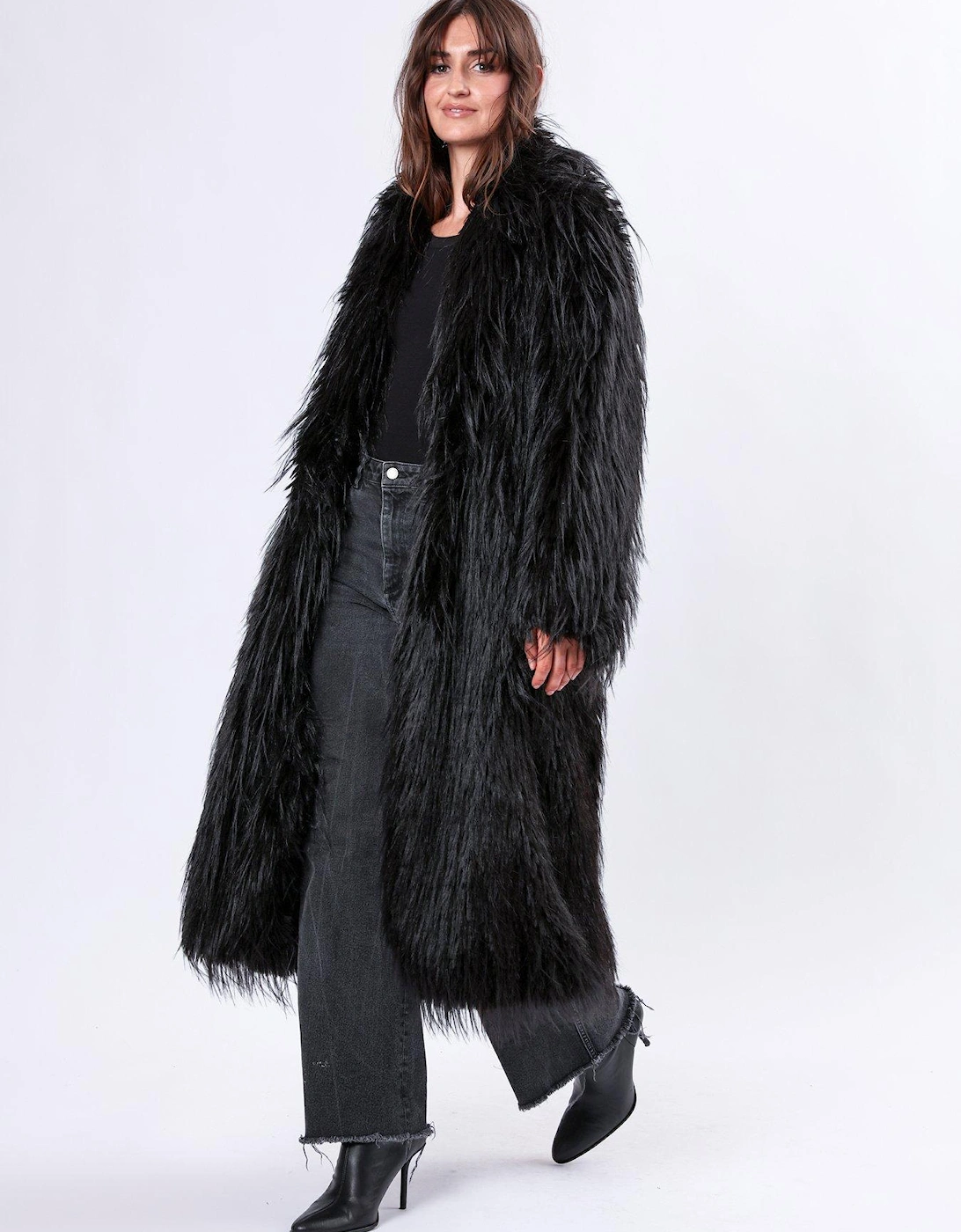 Long Hair Faux Fur Coat - Black