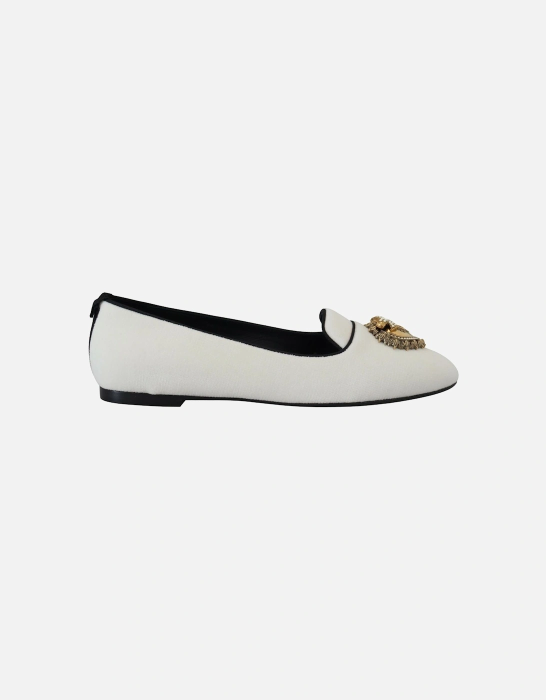 Dolce & Gabbana Womens White Velvet Loafers with Gold Heart Embellishment - Size: 4 - Love the Sales