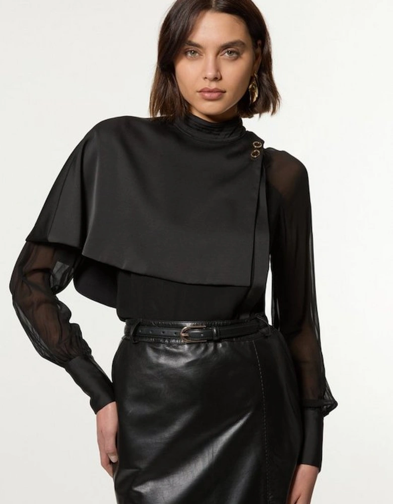 Tall Military Sheer Satin Cape Detail Woven Top