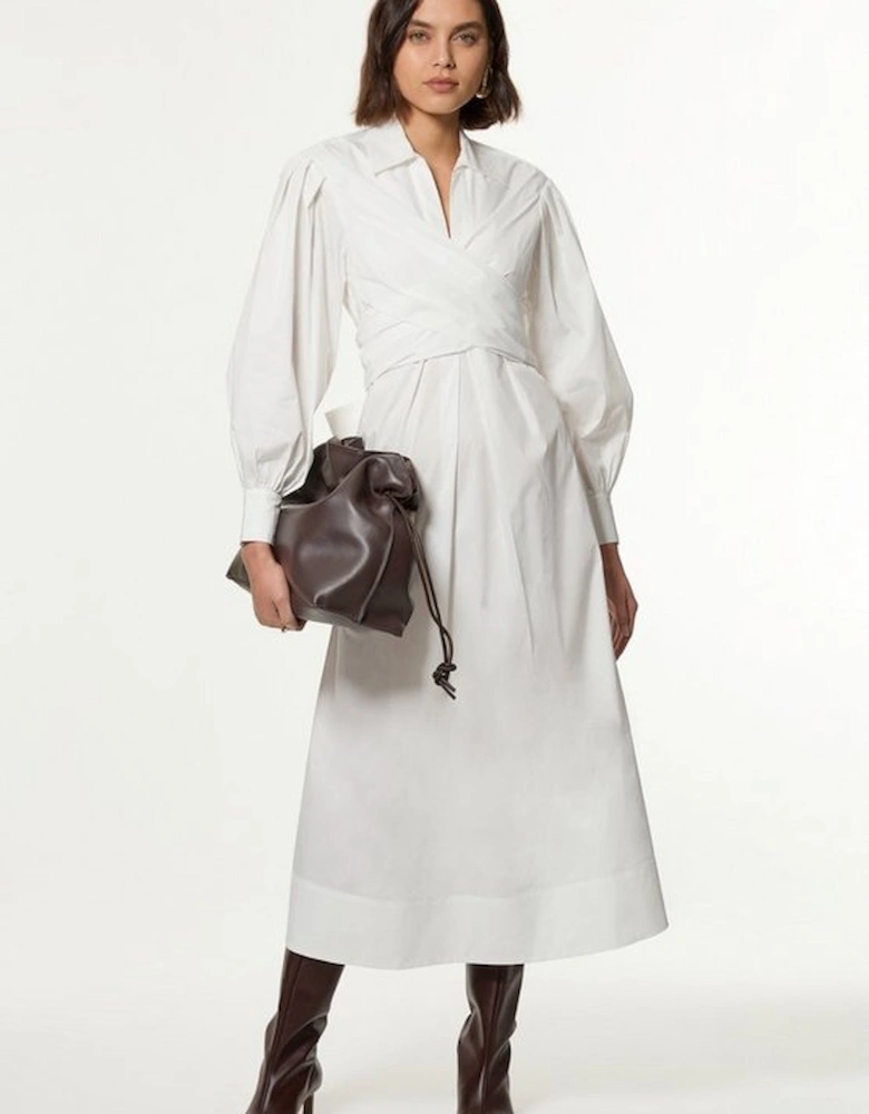 Cotton Poplin Drama Sleeve Woven Wrap Detail Shirt Dress