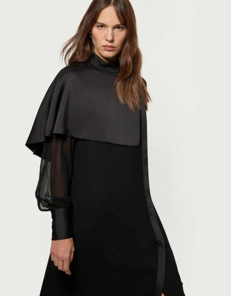 Military Sheer Cape Detail Woven Midi Dress