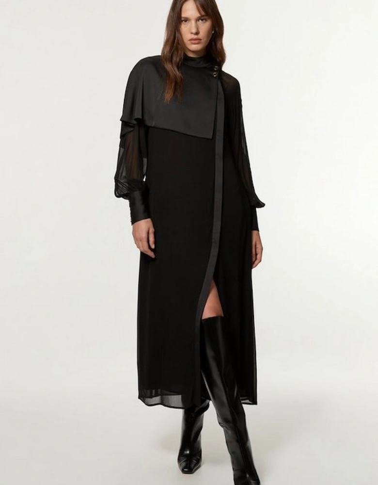 Petite Military Sheer Cape Detail Woven Midi Dress