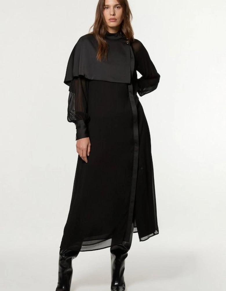 Tall Military Sheer Cape Detail Woven Midi Dress