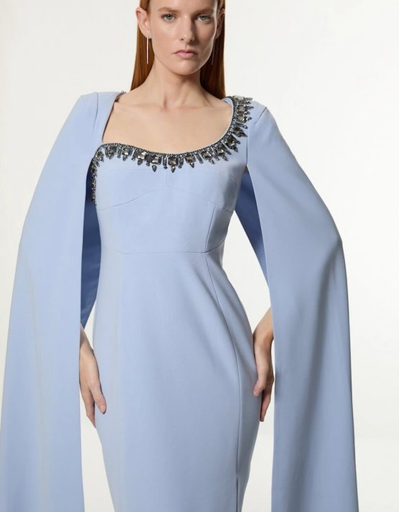 Crystal Embellished Viscose Crepe Woven Cape Maxi Dress