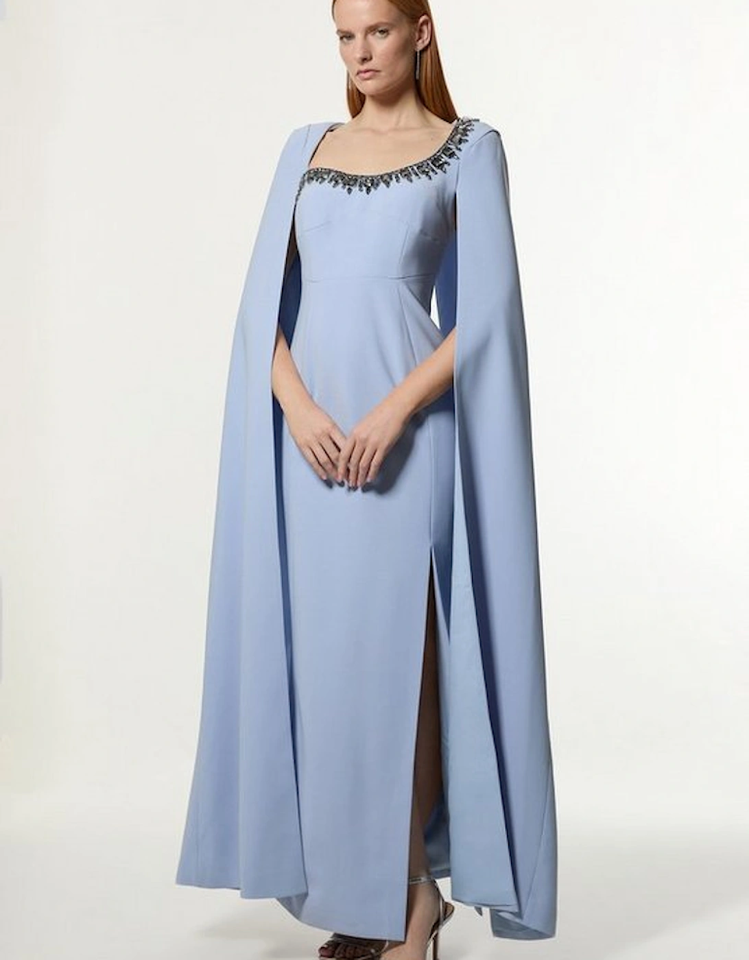 Crystal Embellished Viscose Crepe Woven Cape Maxi Dress