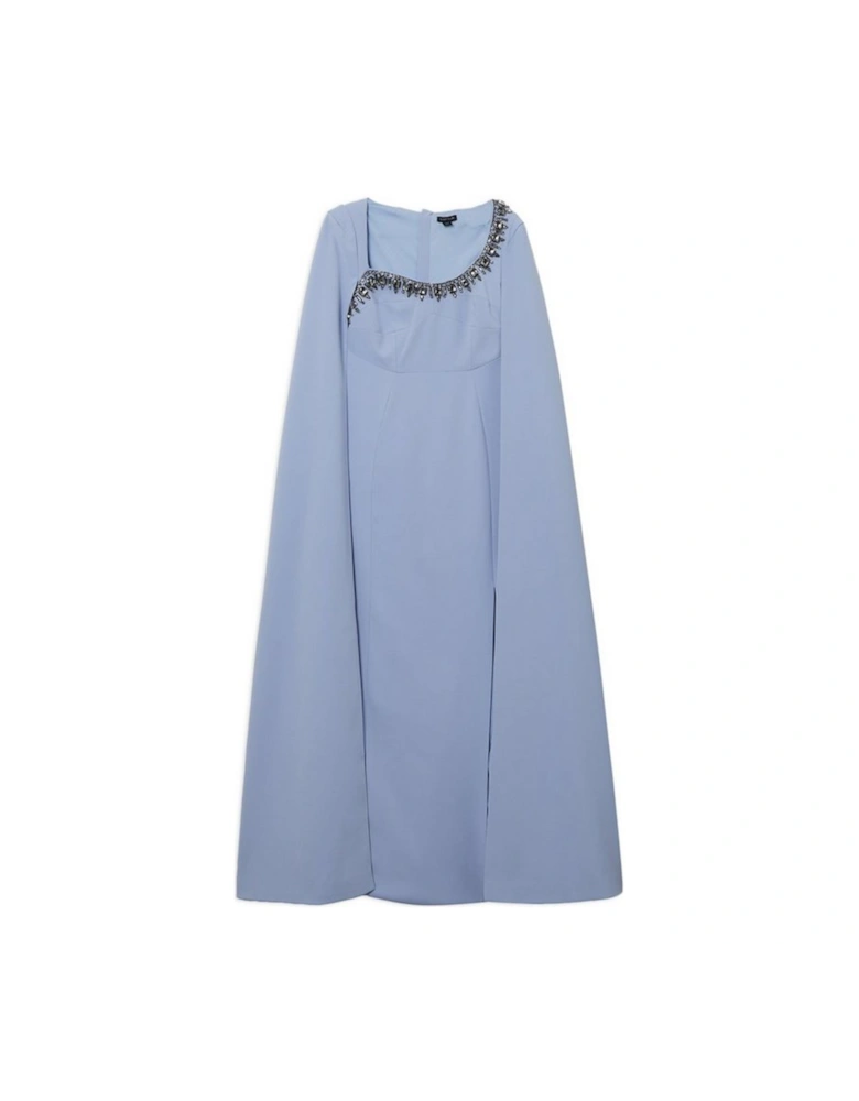 Crystal Embellished Viscose Crepe Woven Cape Maxi Dress