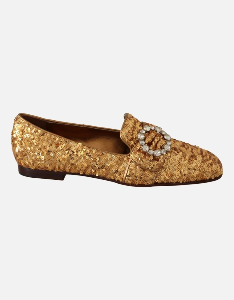 Sequin Crystal Embellished Loafers with Leather Sole Women - Gold