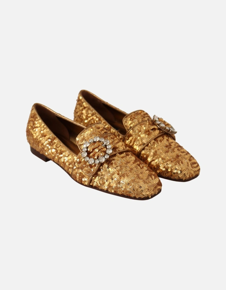 Sequin Crystal Embellished Loafers with Leather Sole Women - Gold