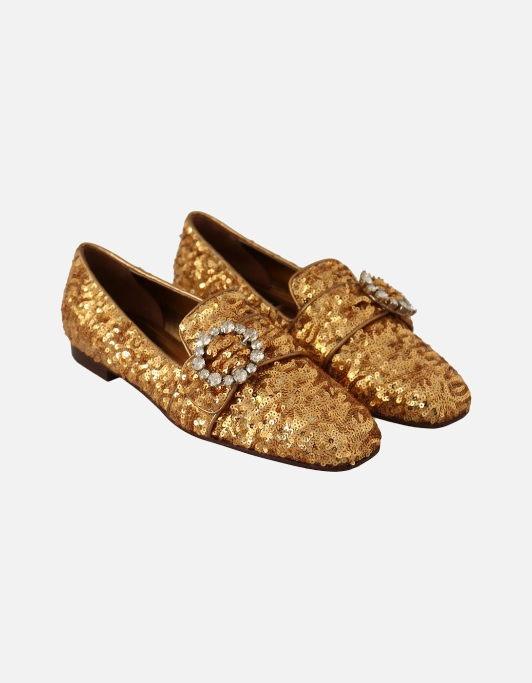 Sequin Crystal Embellished Loafers with Leather Sole Women - Gold