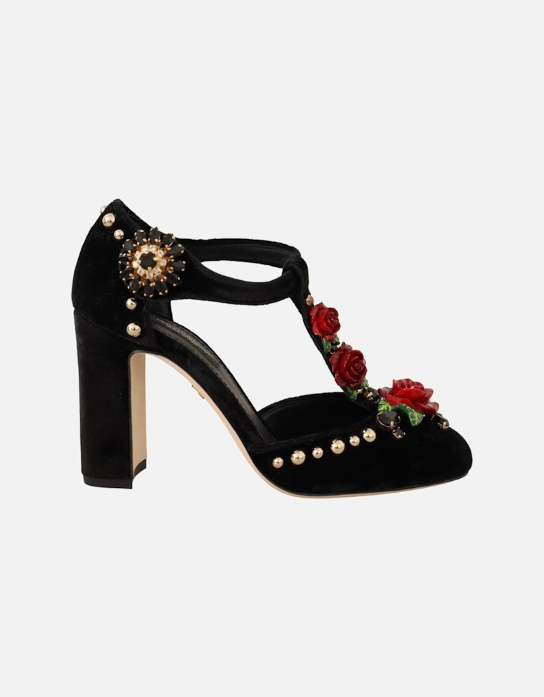 Rose Embellished Velvet Pumps TStrap Heels Women - Black