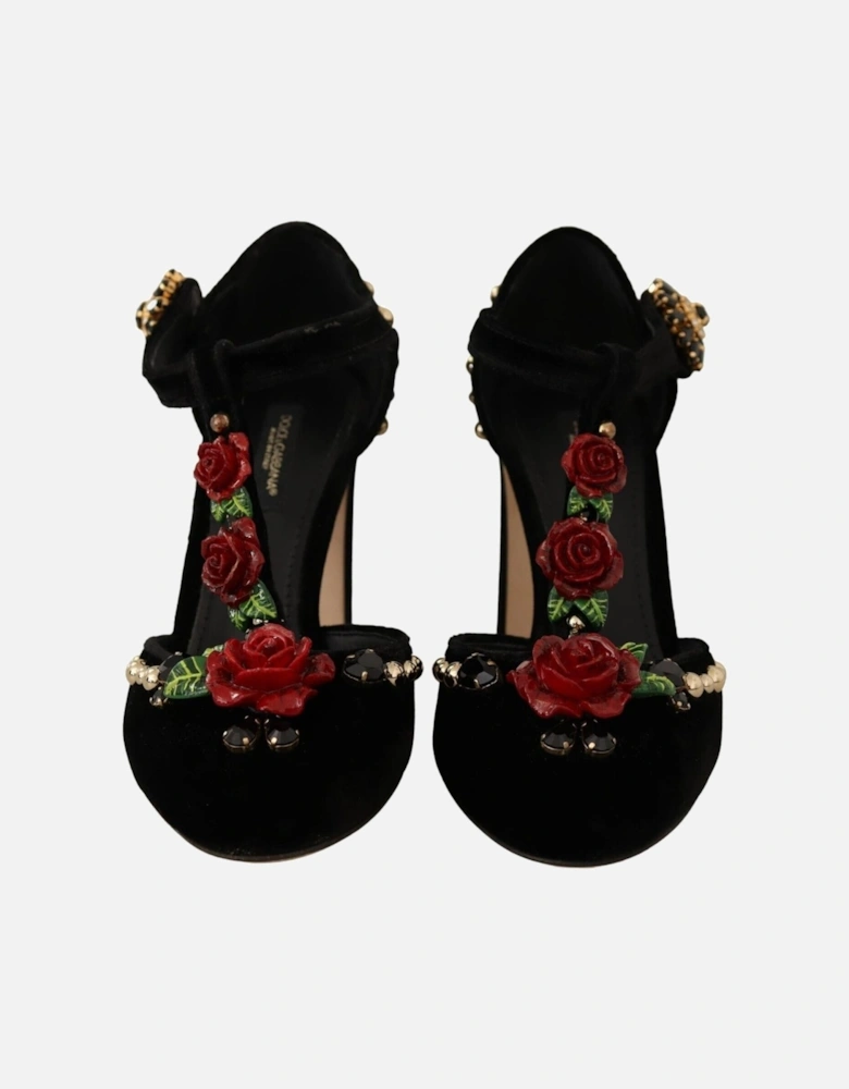 Rose Embellished Velvet Pumps TStrap Heels Women - Black