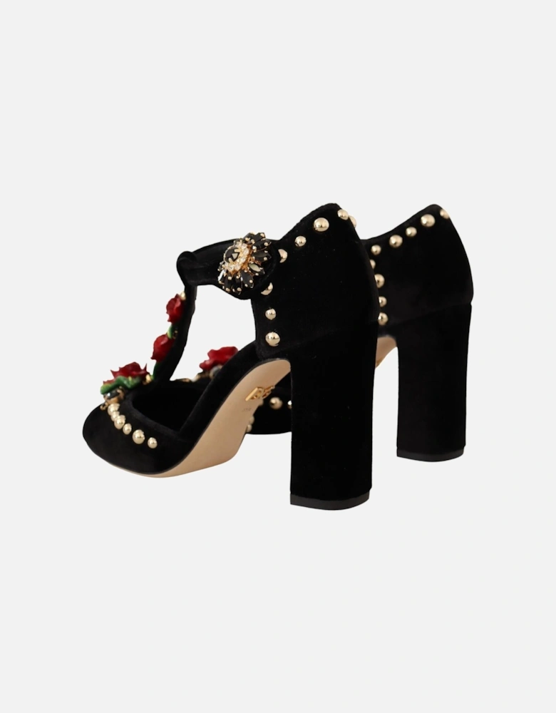 Rose Embellished Velvet Pumps TStrap Heels Women - Black