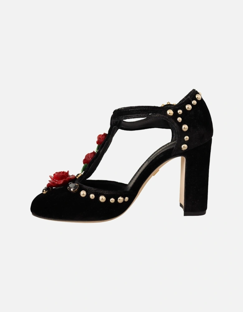 Rose Embellished Velvet Pumps TStrap Heels Women - Black