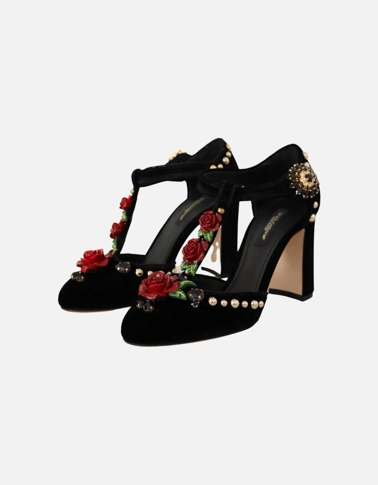 Rose Embellished Velvet Pumps TStrap Heels Women - Black