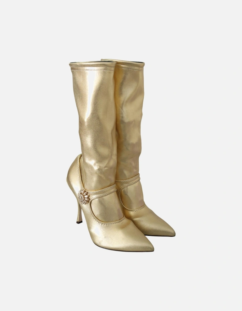 Gold Leather Pumps CrystalEmbellished Style Women Boots