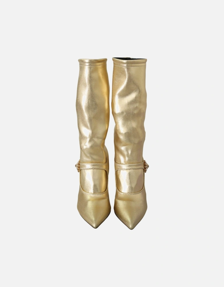 Gold Leather Pumps CrystalEmbellished Style Women Boots