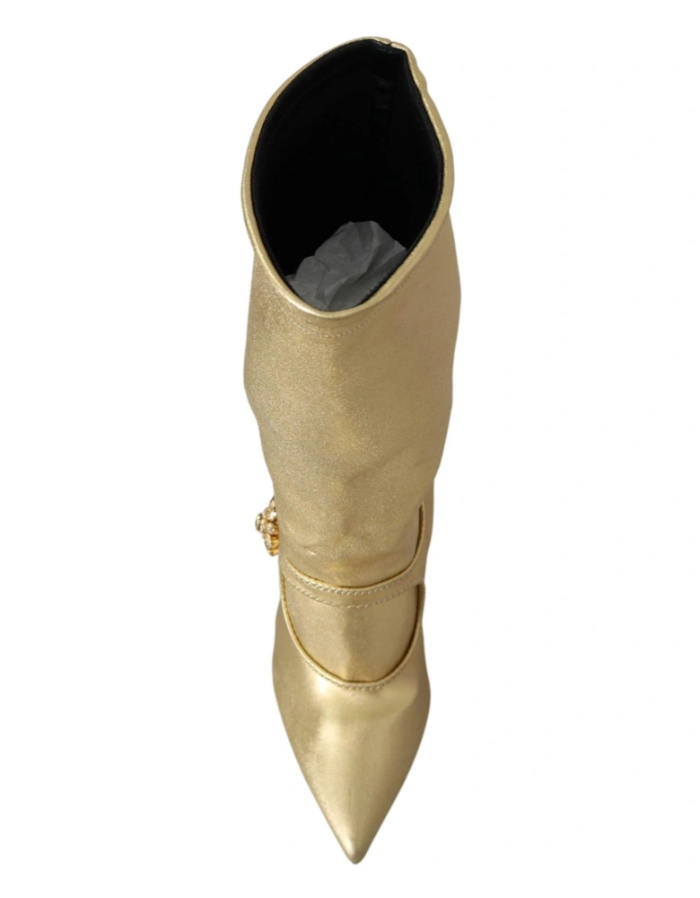 Gold Leather Pumps CrystalEmbellished Style Women Boots